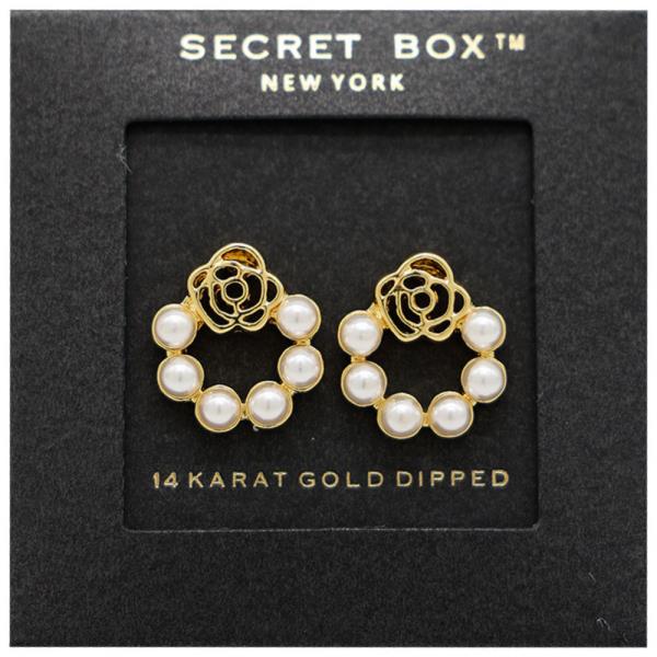 SECRET BOX 14K GOLD DIPPED PEARL PAVED ROSE EARRING