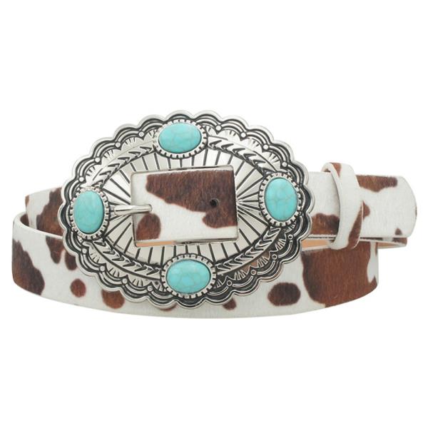 STONE ACCENT OVAL CONCHO BUCKLE COW PRINT BELT
