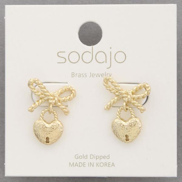 SODAJO RIBBON BOW HEART LOCK GOLD DIPPED DANGLE EARRING