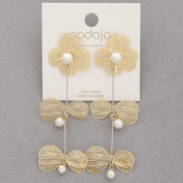 SODAJO PEARL BEAD FLOWER PETAL LINK DANGLE GOLD DIPPED EARRING