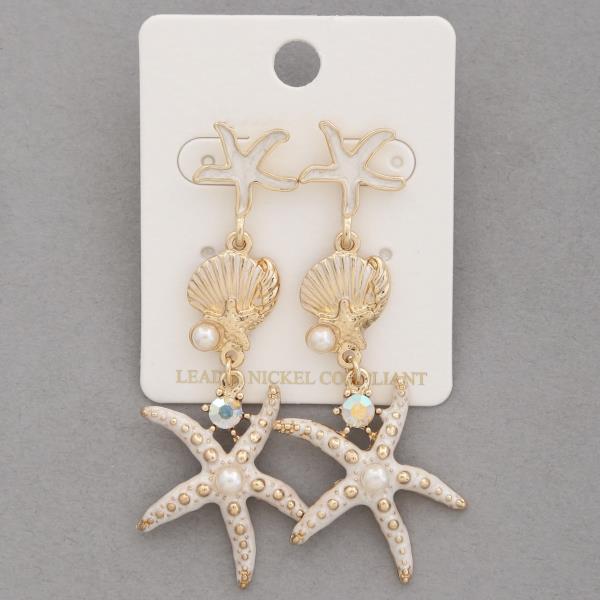 SEASHELL SEA LIFE PEARL RHINESTONE DANGLE EARRING