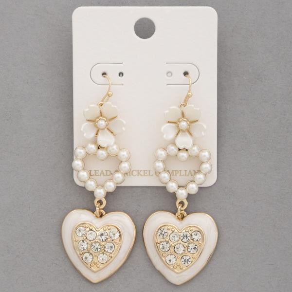 HEART FLOWER PEARL BEAD LINK DANGLE EARRING