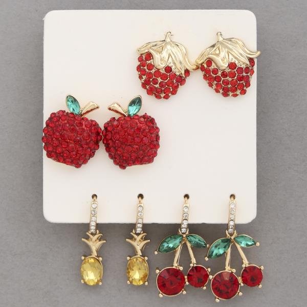 ASSORTED FRUIT SHAPE RHINESTONE EARRING SET