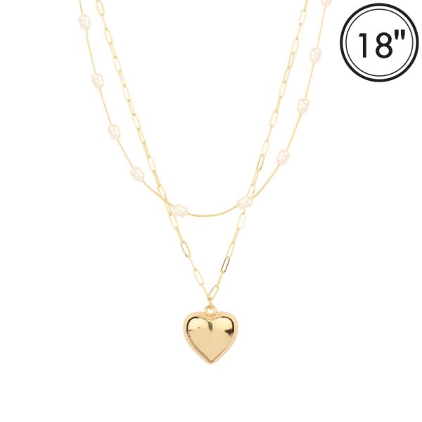 2 LAYERED METAL PEARL CHAIN HEART PENDANT NECKLACE