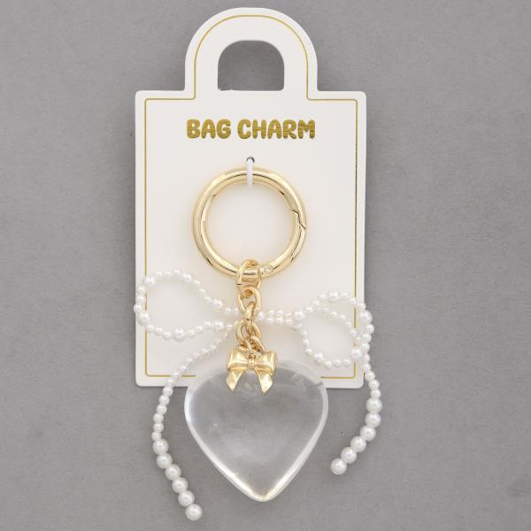 CLEAR HEART PEARL BEAD BOW BAG CHARM