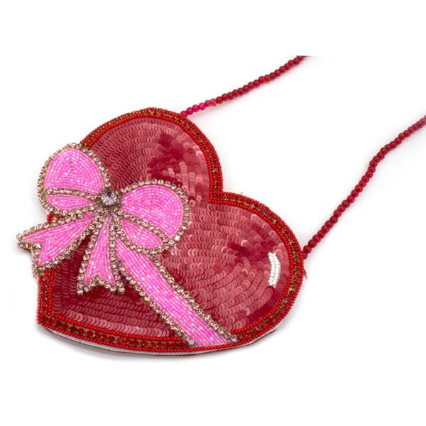 VALENTINE`S DAY SEED BEAD RIBBON HEART CROSS BODY BAG