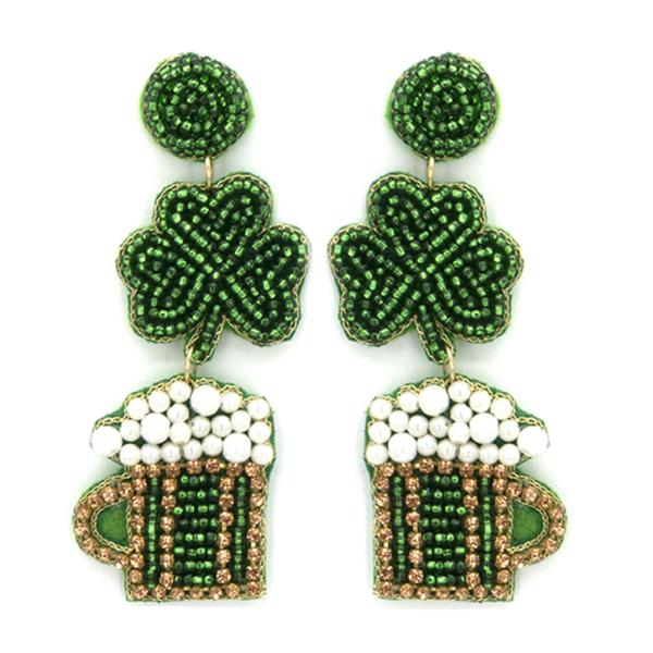 SEED BEAD ST PATRICK`S DAY BEER CLOVER EARRING