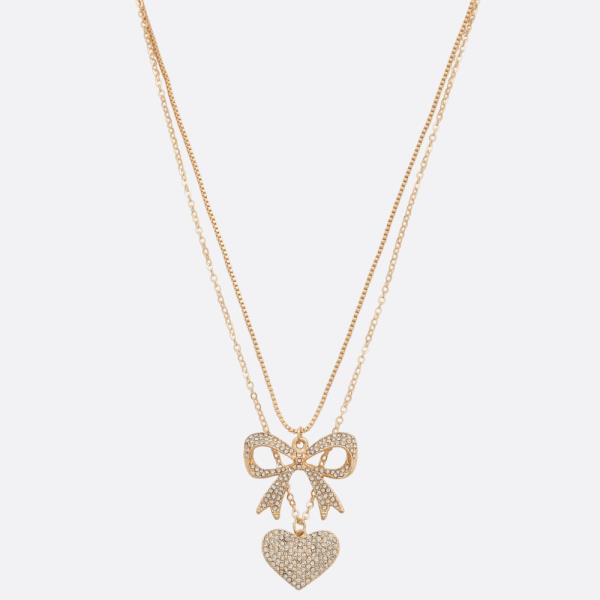 HEART RIBBON BOW RHINESTONE LAYERED NECKLACE