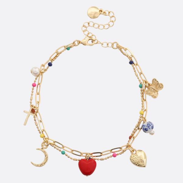 HEART MULTI CHARM BEADED LAYERED BRACELET