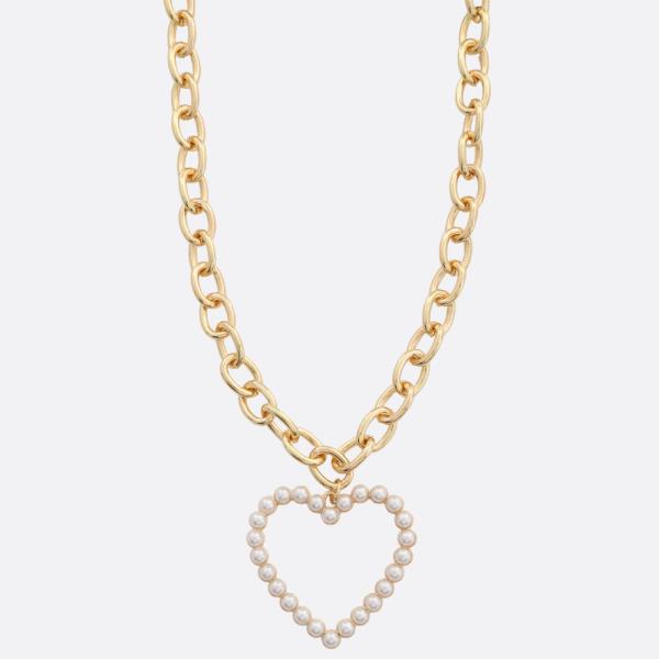 HEART PEARL BEAD PENDANT OVAL LINK NECKLACE