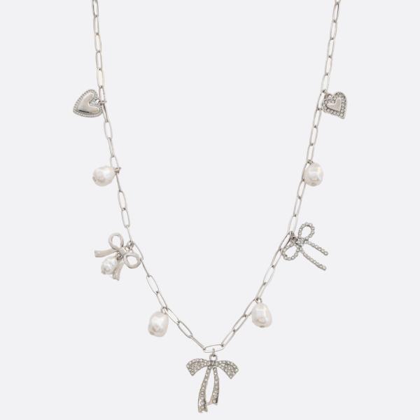 RIBBON BOW PEARL BEAD STATION NECKLACE