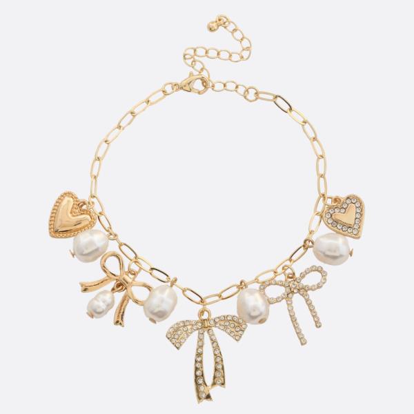 RIBBON BOW HEART CHARM PEARL BEAD BRACELET