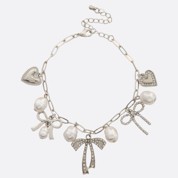 RIBBON BOW HEART CHARM PEARL BEAD BRACELET