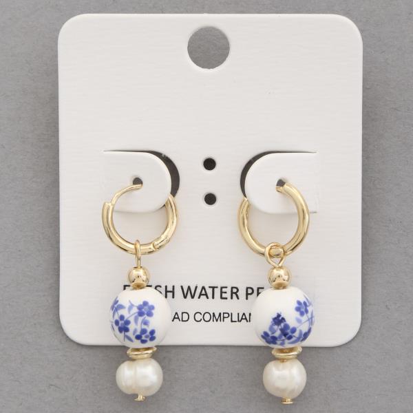 FLORAL PATTERN BEAD FRESH WATER PEARL HUGGIE EARRING