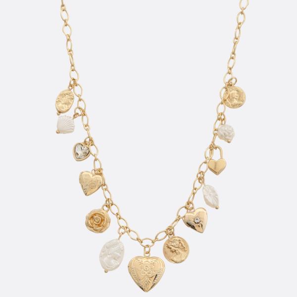 FILIGREE PATTERN HEART PEARL BEAD STATION NECKLACE