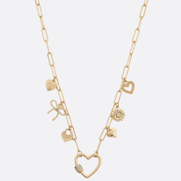 HEART BOW CHARM OVAL LINK METAL NECKLACE