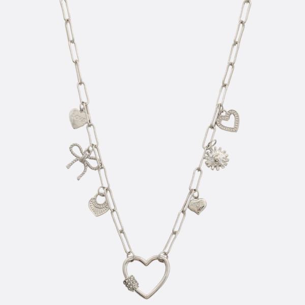 HEART BOW CHARM OVAL LINK METAL NECKLACE