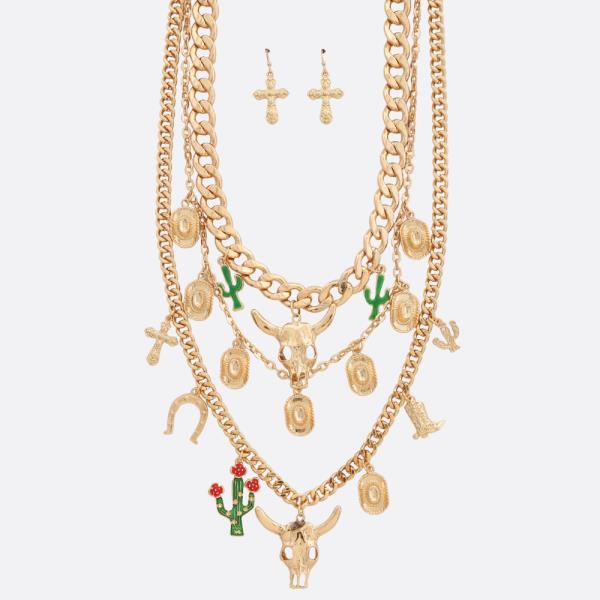 WESTERN STYLE MULTI CHARM LAYERED METAL NECKLACE