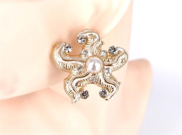 WIDE RHINESTONE PEARL STARFISH POST EARRING