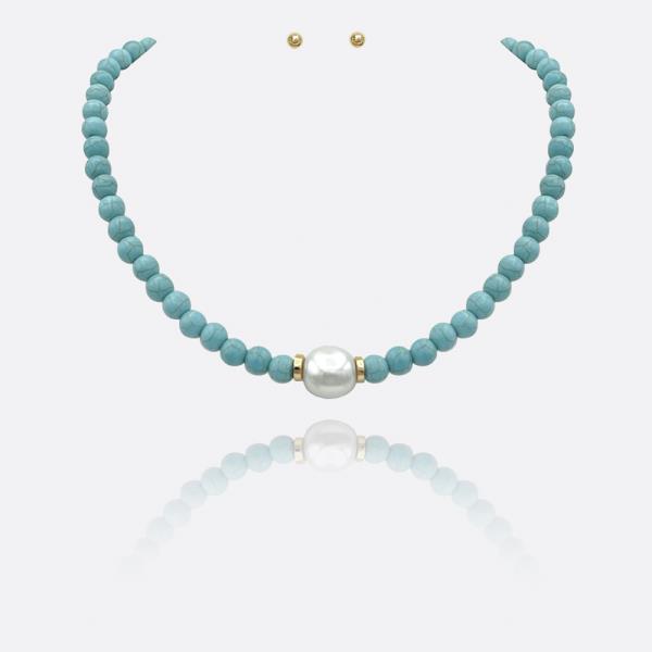 SYNTHETIC TQ STONE W PEARL NECKLACE