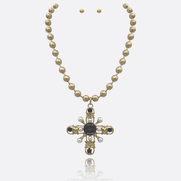 BAROQUE CROSS W BALL CHAIN NECKLACE