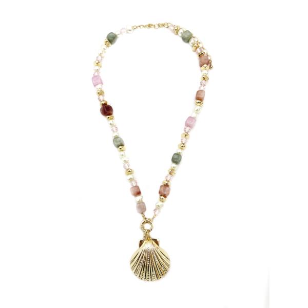 MIXED BEAD SHORT METAL SHELL NECKLACE