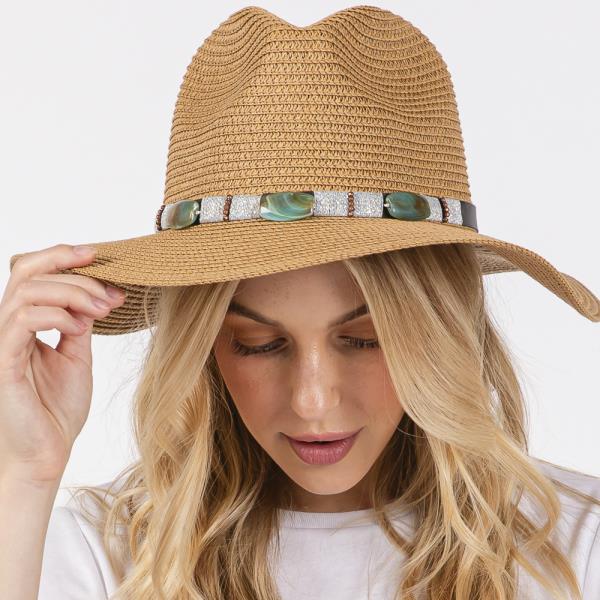 TURQUOISE BEADS BAND STRAW SUN HAT