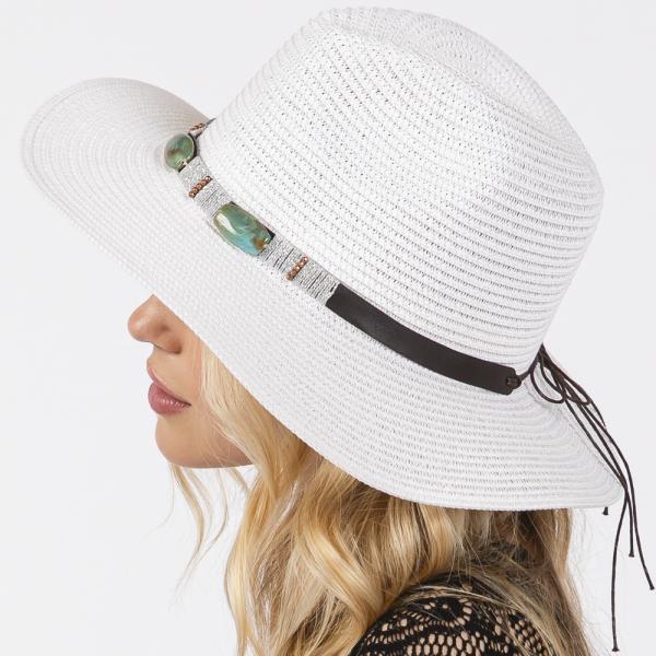 TURQUOISE BEADS BAND STRAW SUN HAT