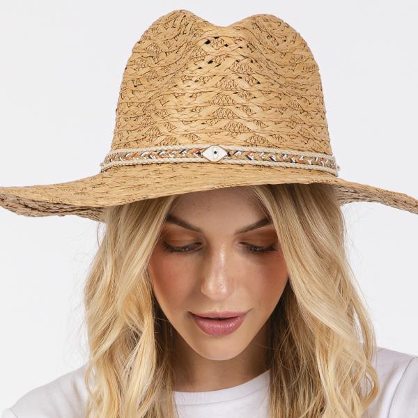 STRAW SUN HAT WITH STRAW BRAIDED EVIL EYE