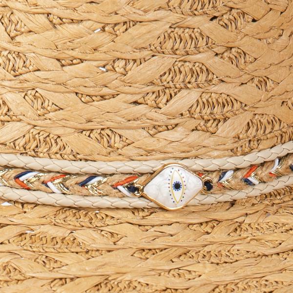 STRAW SUN HAT WITH STRAW BRAIDED EVIL EYE