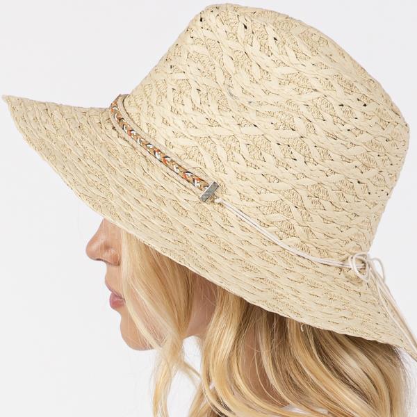 STRAW SUN HAT WITH STRAW BRAIDED EVIL EYE