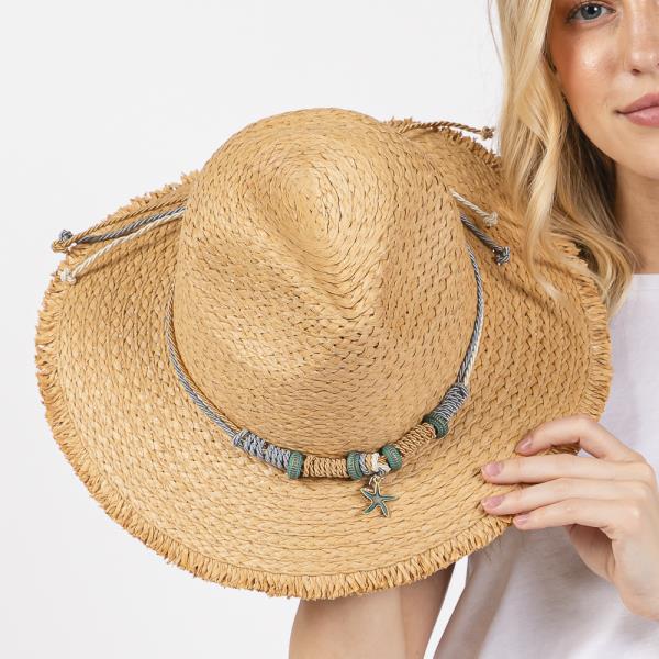 FRAYED STRAW SUN HAT WITH BRAIDED STARFISH BAND