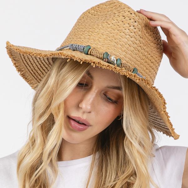 FRAYED STRAW SUN HAT WITH BRAIDED STARFISH BAND