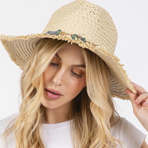 FRAYED STRAW SUN HAT WITH BRAIDED STARFISH BAND