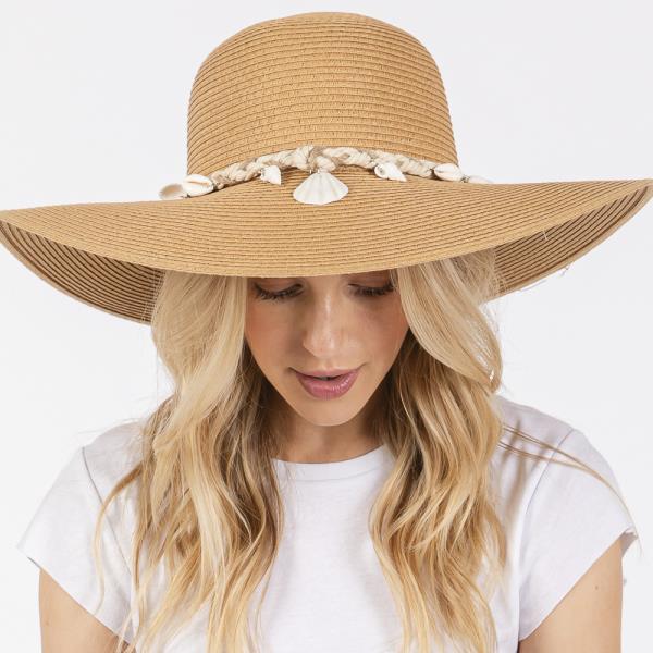 WIDE BRIM STRAW SUN HAT WITH SHELL AND CONCH BRAIDED BAND