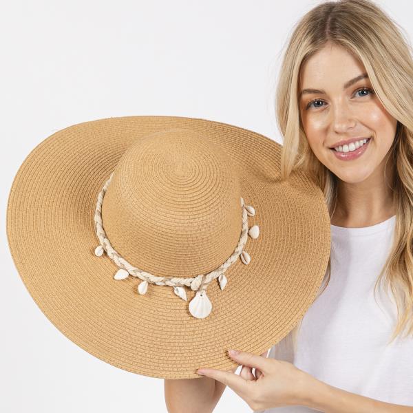 WIDE BRIM STRAW SUN HAT WITH SHELL AND CONCH BRAIDED BAND