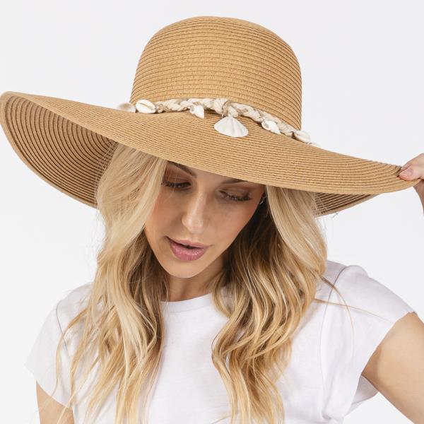 WIDE BRIM STRAW SUN HAT WITH SHELL AND CONCH BRAIDED BAND