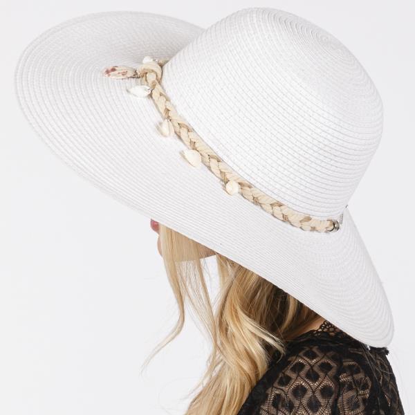 WIDE BRIM STRAW SUN HAT WITH SHELL AND CONCH BRAIDED BAND