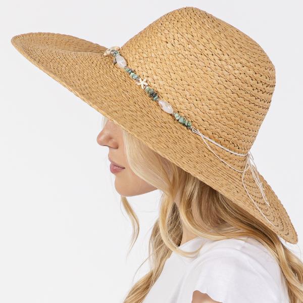 WIDE BRIM FLOPPY SUN HAT WITH TURQUOISE STONE AND STARFISH BAND