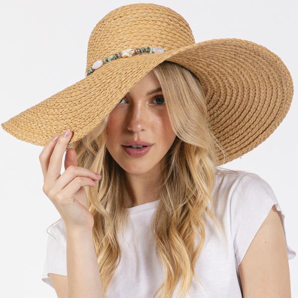 WIDE BRIM FLOPPY SUN HAT WITH TURQUOISE STONE AND STARFISH BAND