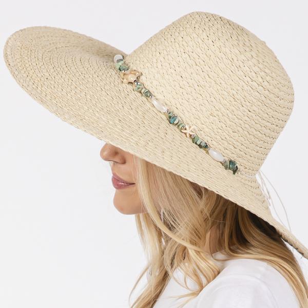 WIDE BRIM FLOPPY SUN HAT WITH TURQUOISE STONE AND STARFISH BAND