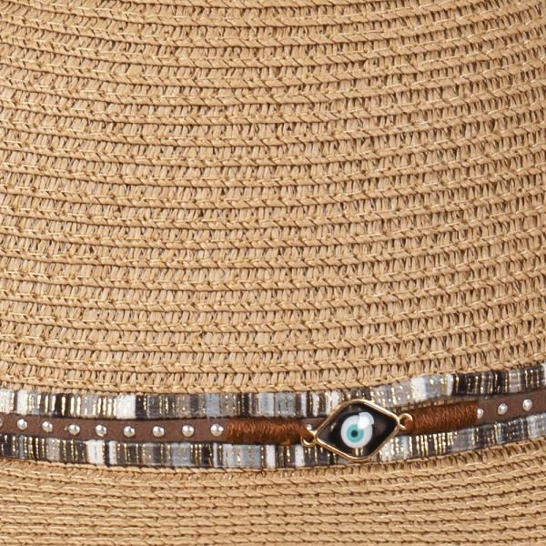 WIDE BRIM STRAW HAT WITH EVIL EYE AND MULTI DESIGN BAND