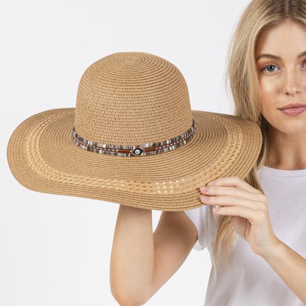 WIDE BRIM STRAW HAT WITH EVIL EYE AND MULTI DESIGN BAND