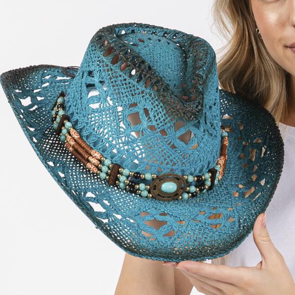 TEA STAINED OPEN WEAVE COWBOY HAT WITH WESTERN WOOD BEAD BAND