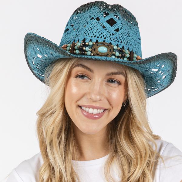 TEA STAINED OPEN WEAVE COWBOY HAT WITH WESTERN WOOD BEAD BAND