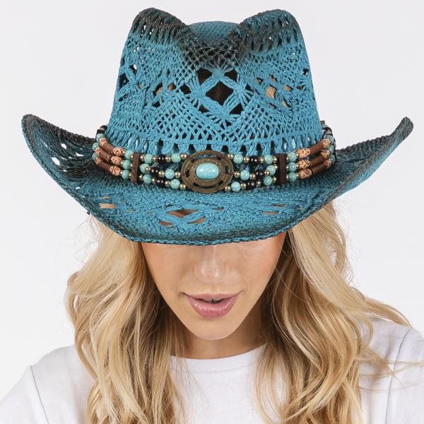 TEA STAINED OPEN WEAVE COWBOY HAT WITH WESTERN WOOD BEAD BAND