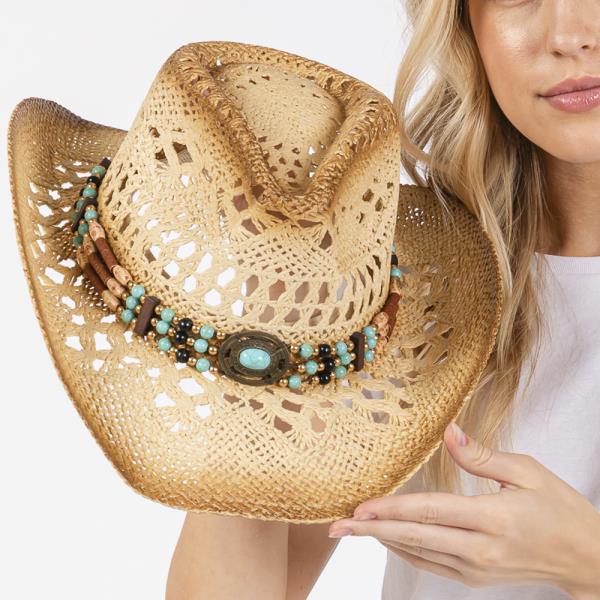 TEA STAINED OPEN WEAVE COWBOY HAT WITH WESTERN WOOD BEAD BAND