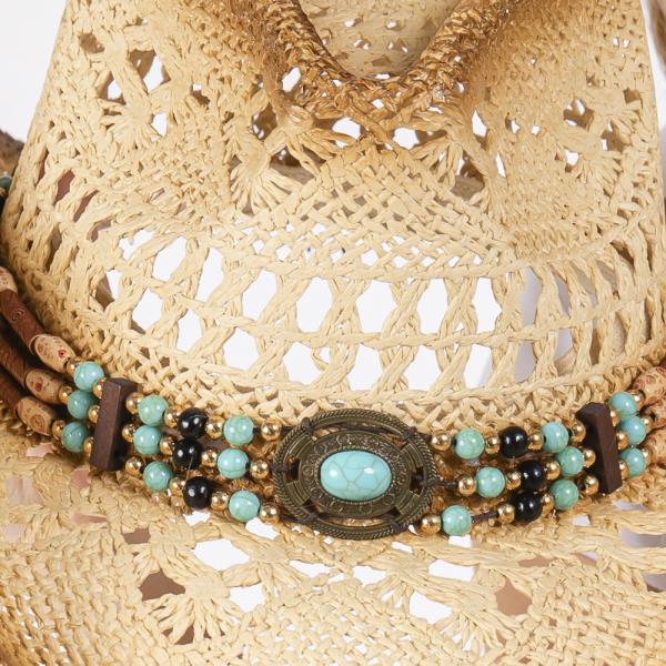 TEA STAINED OPEN WEAVE COWBOY HAT WITH WESTERN WOOD BEAD BAND