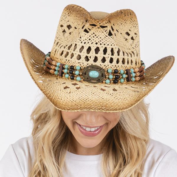 TEA STAINED OPEN WEAVE COWBOY HAT WITH WESTERN WOOD BEAD BAND