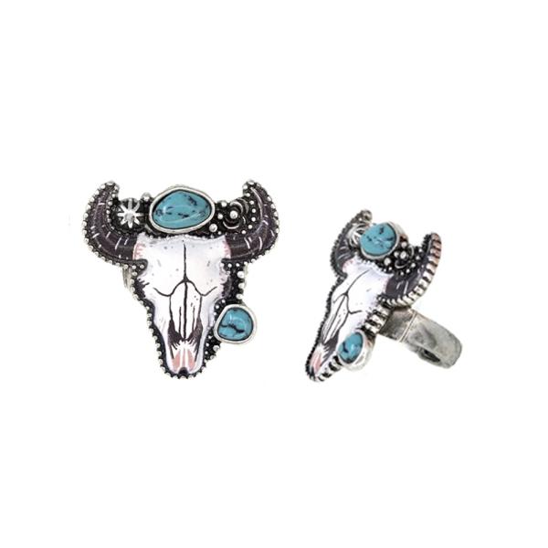 STEER HEAD WESTERN SEMI STONE PRINT RING